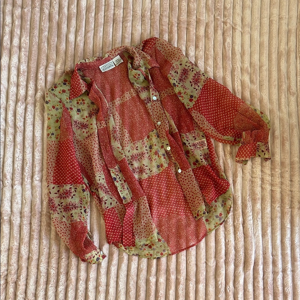 Autumn Red and Green Sheer Floral Button Down